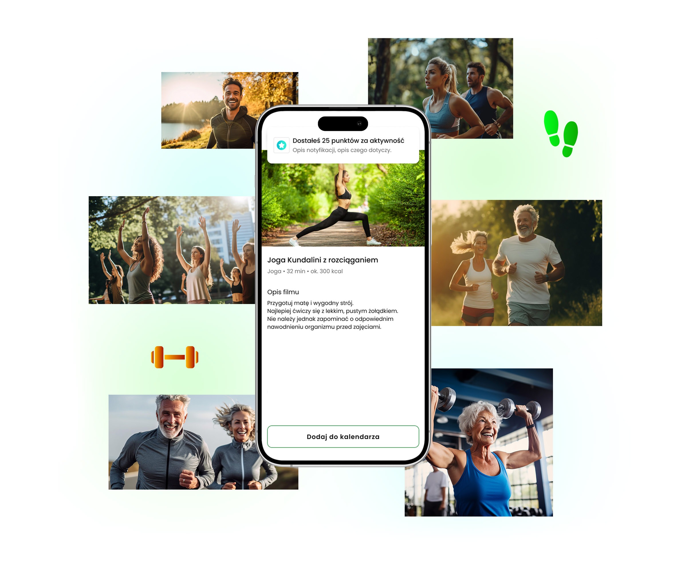 Ekran telefonu z ćwiczeniem. Dookoła zdjęcia ludzi uprawiających sport.
